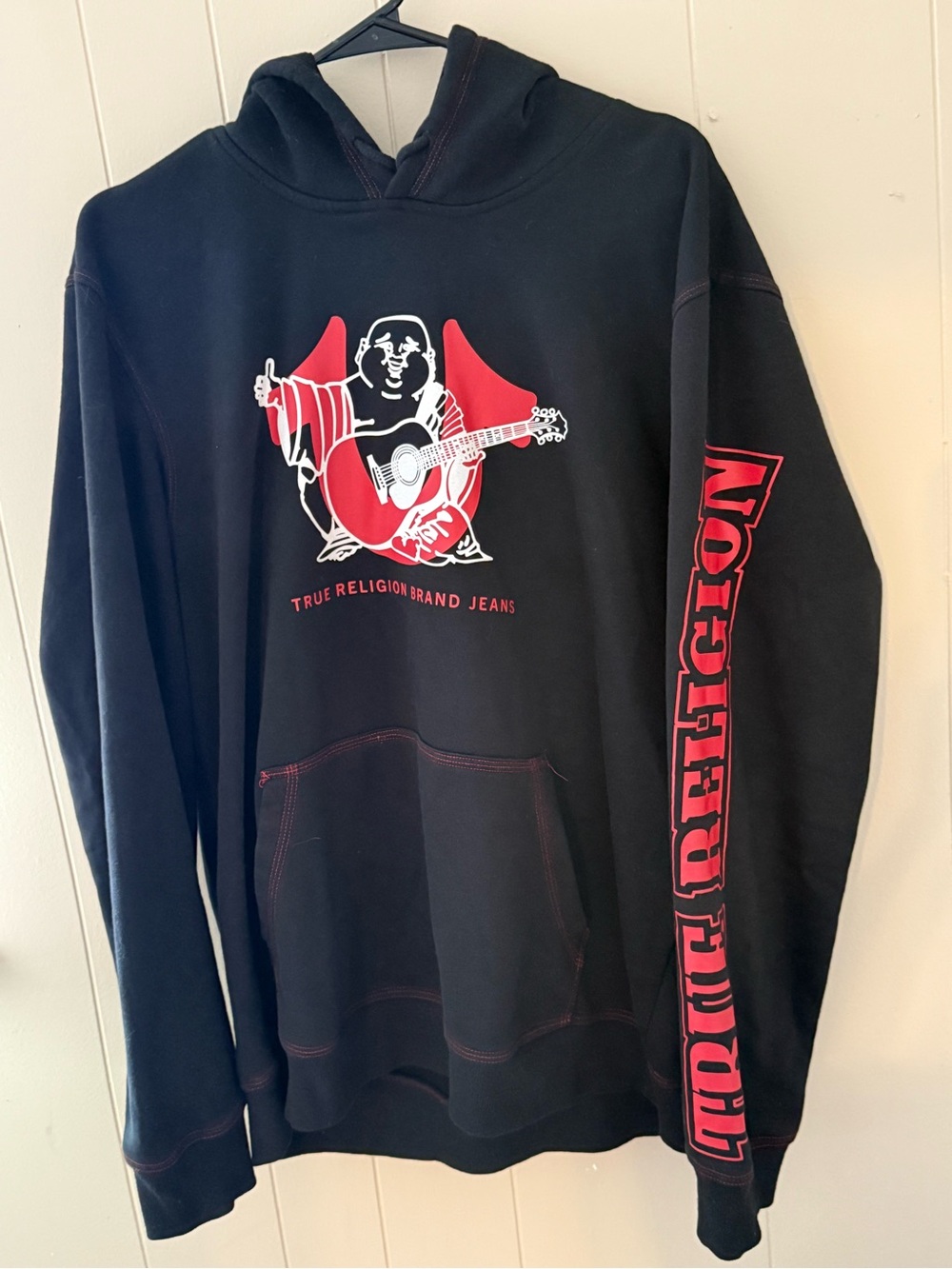 True Religion Black Hoodie with Red Graphic and Sleeve Logo